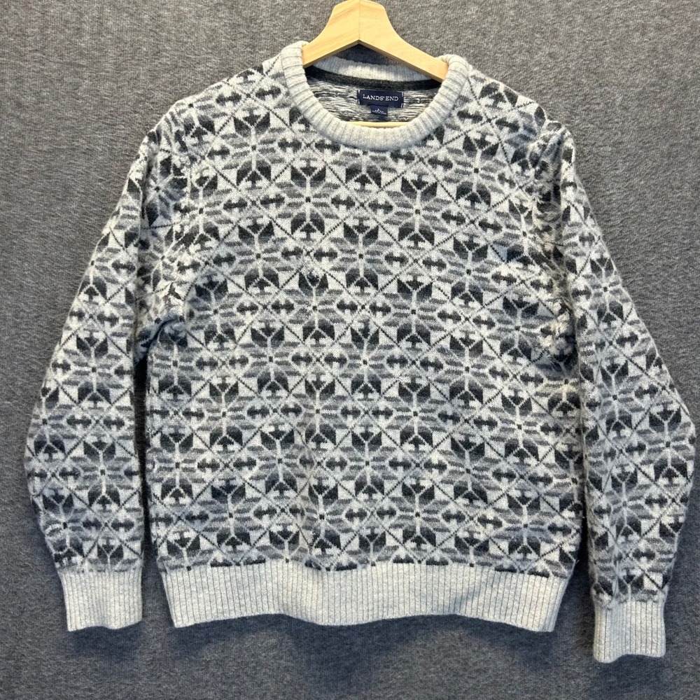 Lands End Mens Large Grey Fair Isle 100% Lambswool Crew Neck Sweater Patterned